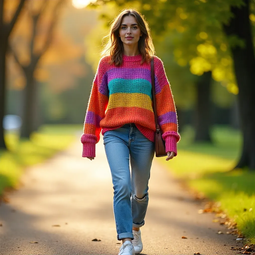 Casual Chic: Woman in Colorful Striped Sweater Walking Outdoors