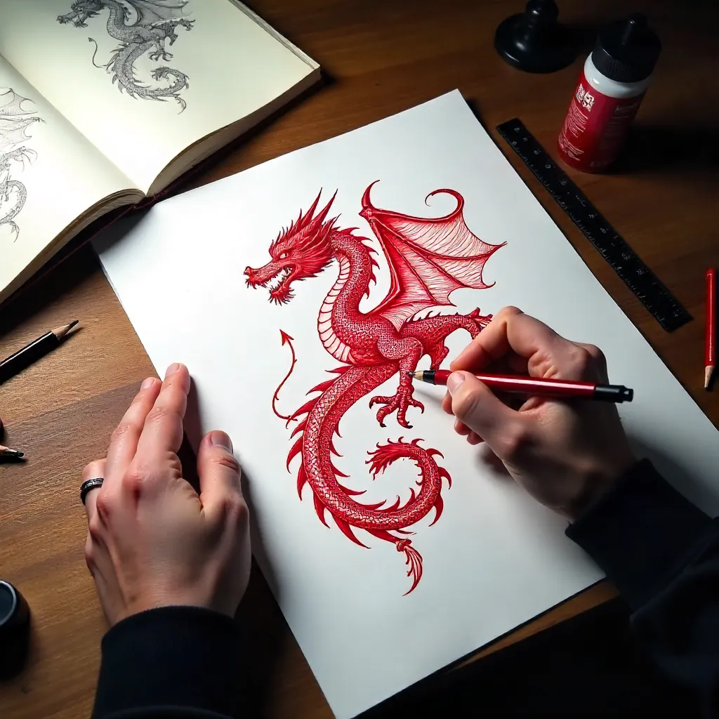 Bird's-eye Sketch: Red Dragon Tattoo Design