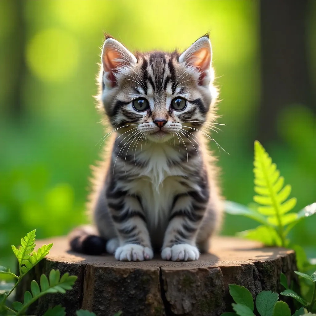 Sweet gray-and-white kitten perched on a mossy stump amid green leaves
