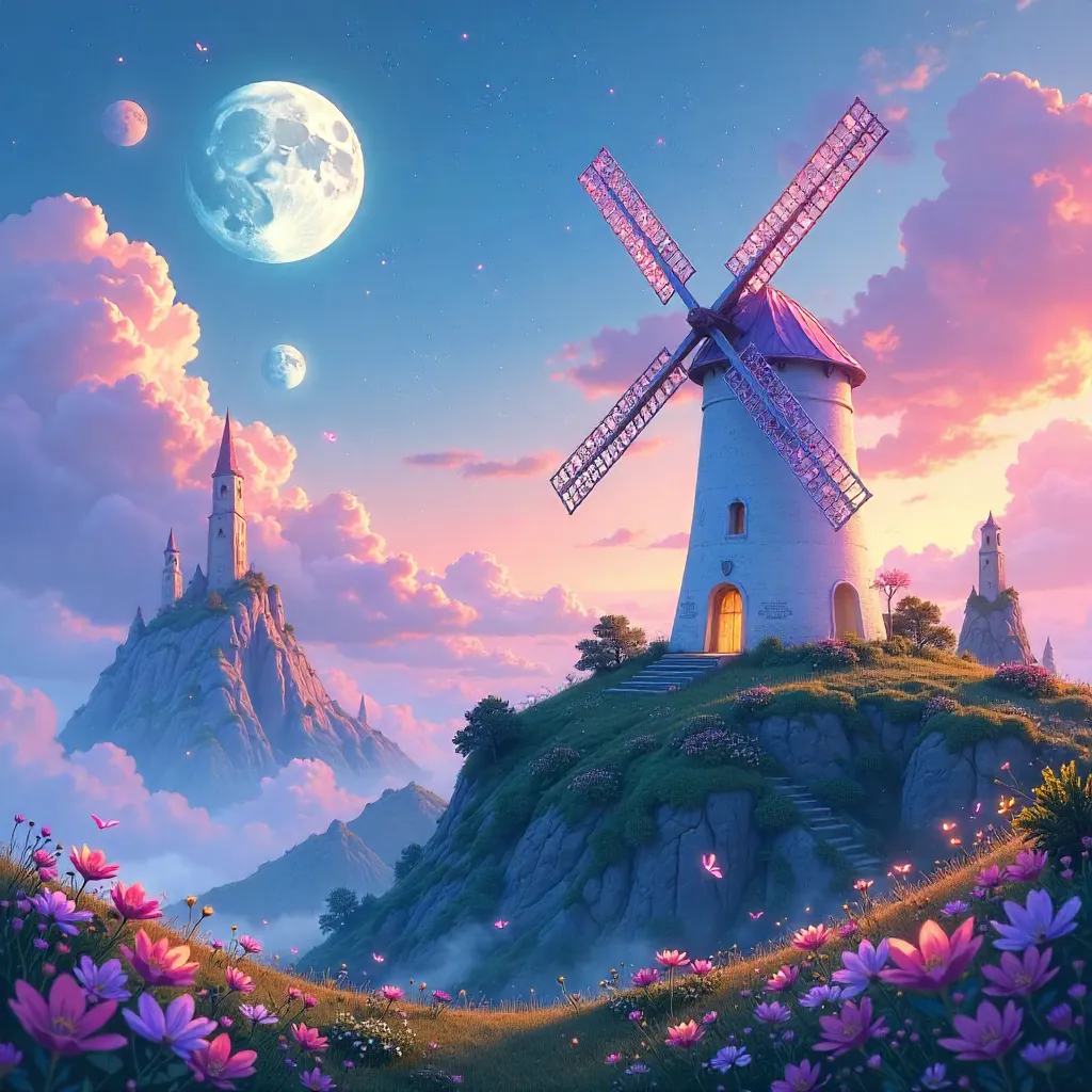 Whimsical Anime Windmill in a Magical Realm