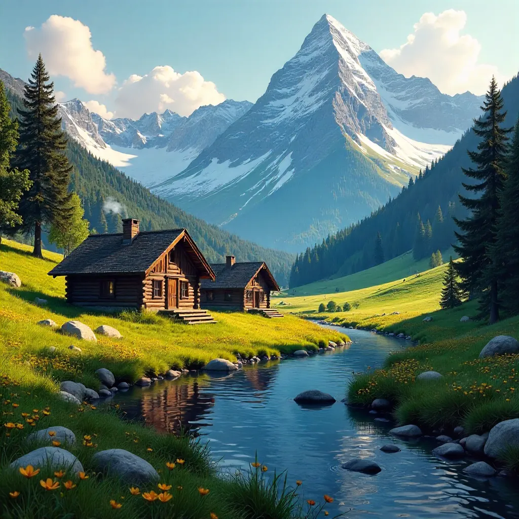 Idyllic Alpine Valley Cabins beneath Snowy Peaks