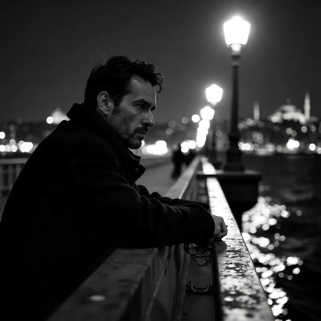 Noir Night Portrait on an Istanbul Bridge