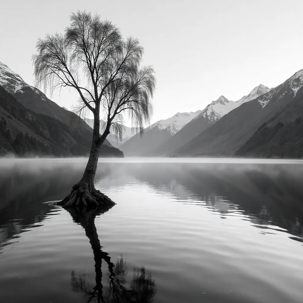 Monochrome Wanaka Tree with Snowy Alps