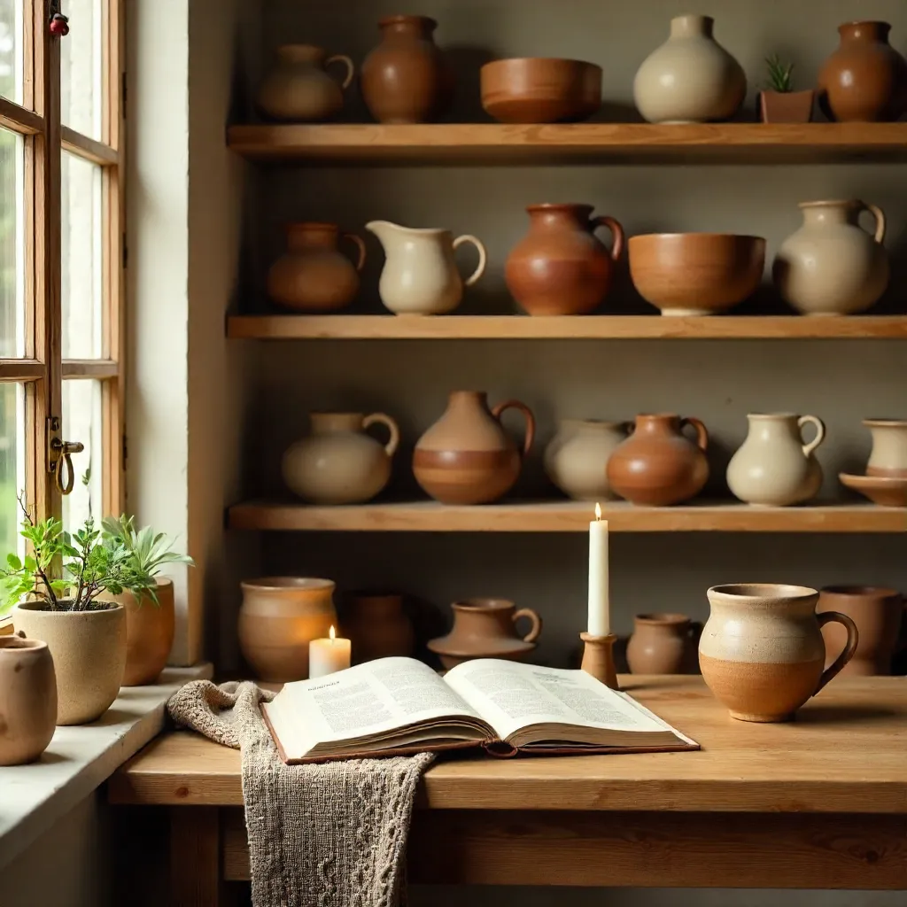 Cozy Wooden Shelves of Handmade Pottery & Book