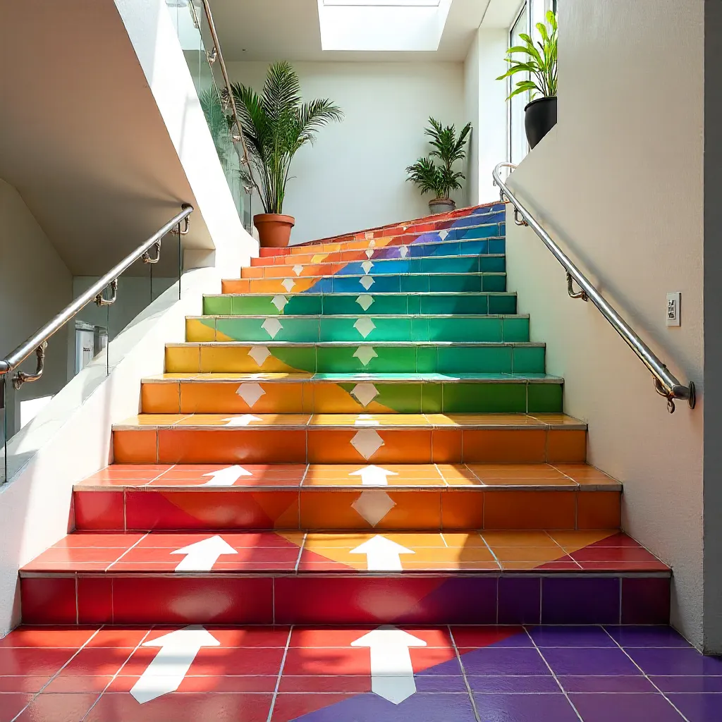 Vibrant Indoor Staircase with Colorful Tiles and Arrows