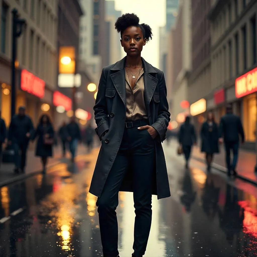 Elegant Black Girl on a Neon City Street