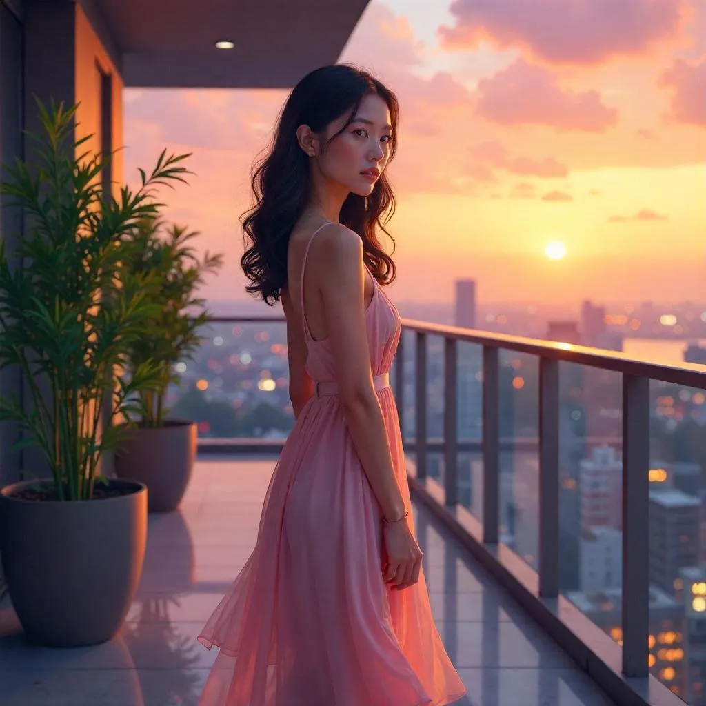 Terrace Reverie: Adult Asian Woman in Digital Art
