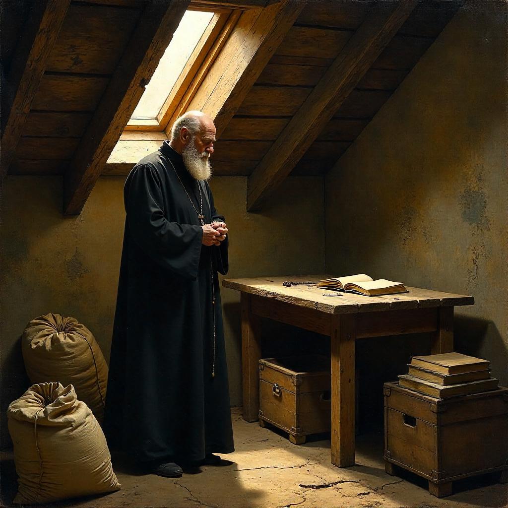 Priest in a sunlit attic loft, oil painting