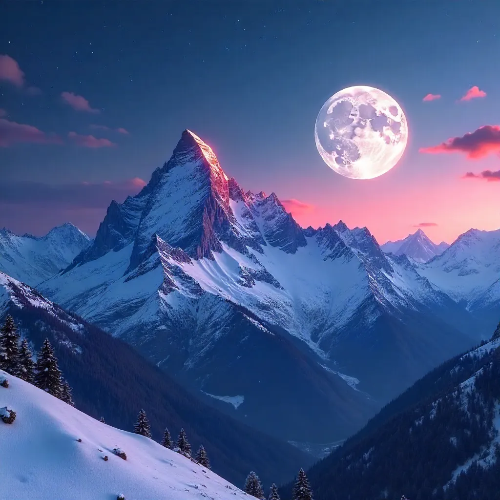 Moonrise Over Snow-Capped Peaks at Dusk