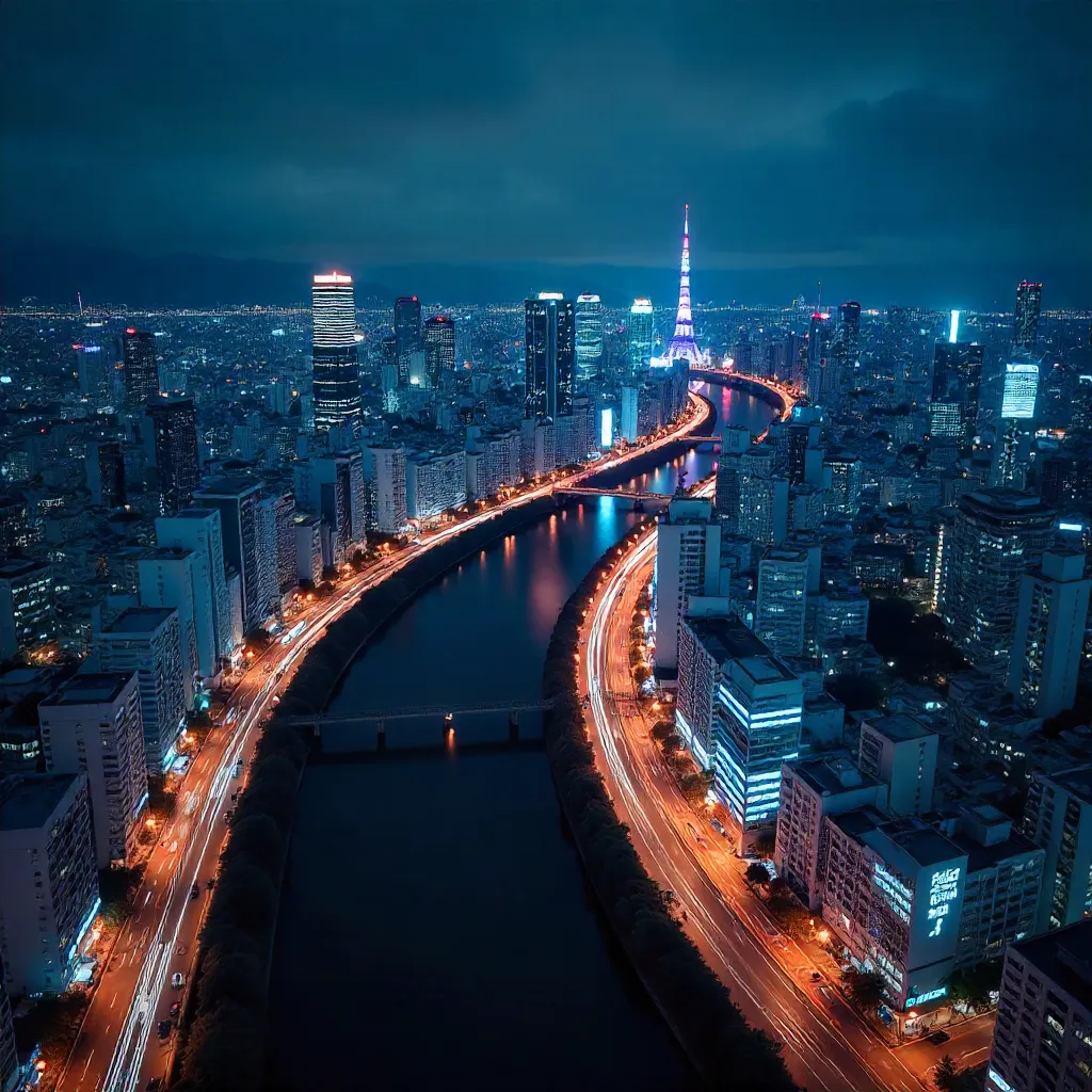 Osaka Night Skyline: Aerial Neon Cityscape