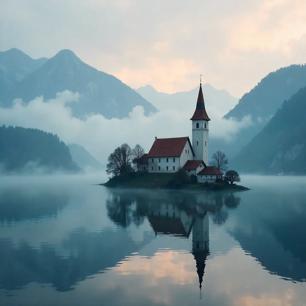 Misty Dawn over Lake Bled's Island Church
