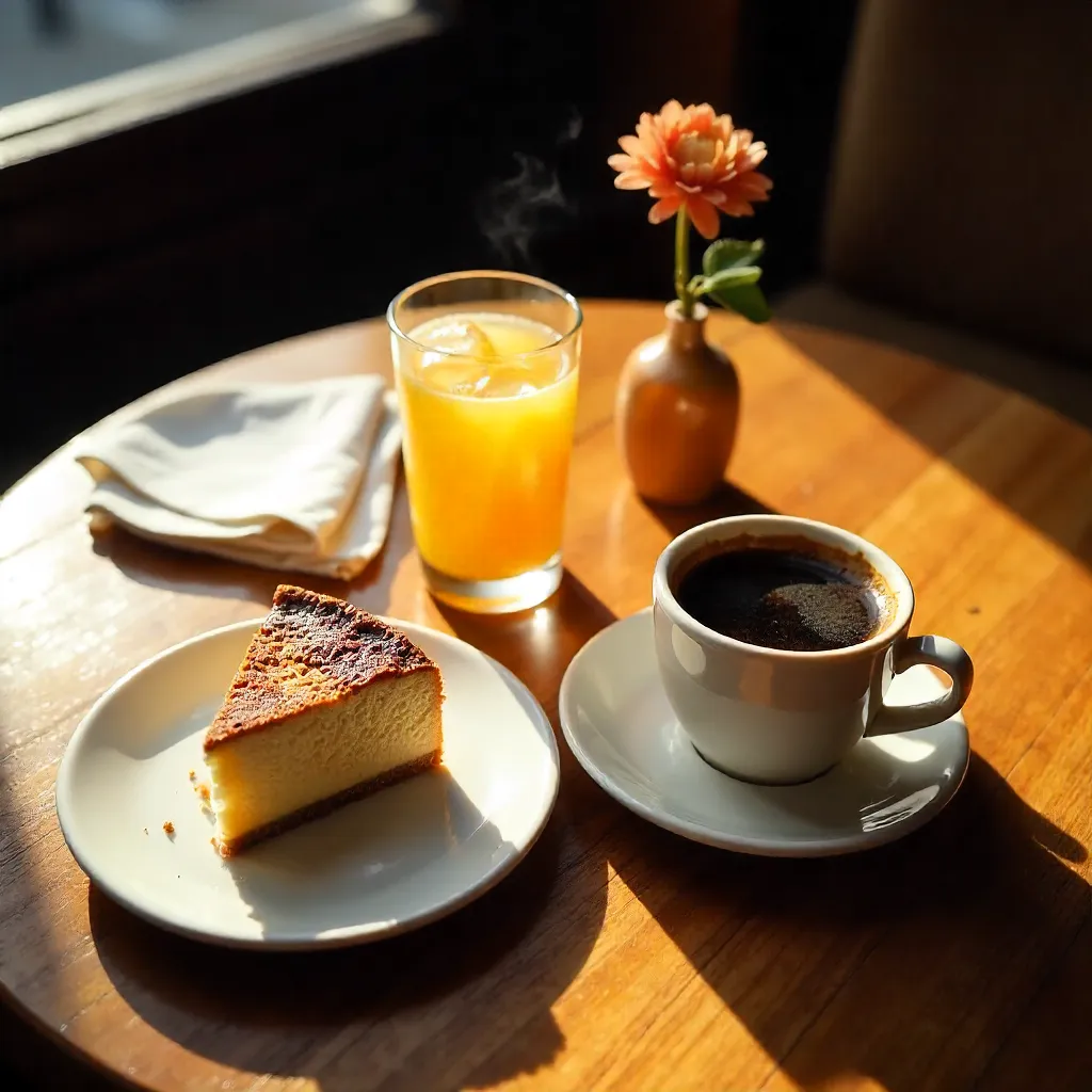 Overhead Cozy Café Table with Cake, Coffee, and Juice