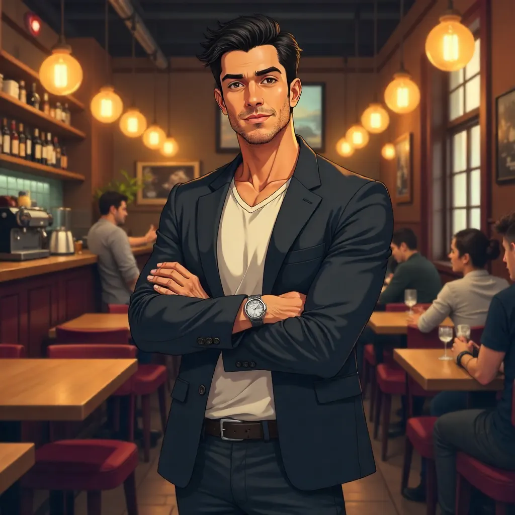 Confident Latino Man in Anime Style at a Restaurant