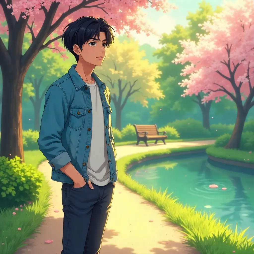 Youthful Asian Man in a Tranquil Park — Anime Style