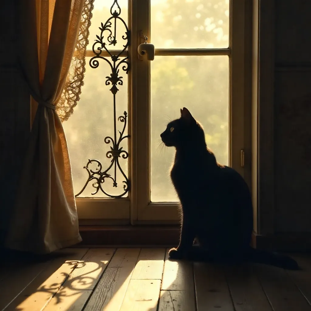 Gentle silhouette: Black cat by a vintage window