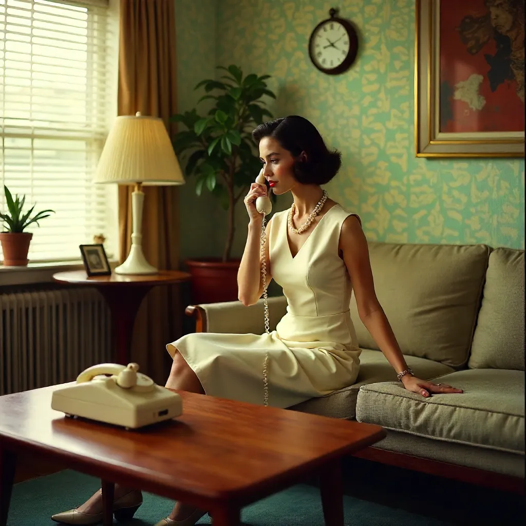 Rotary Phone Nostalgia: Stylish Woman in Vintage Setting