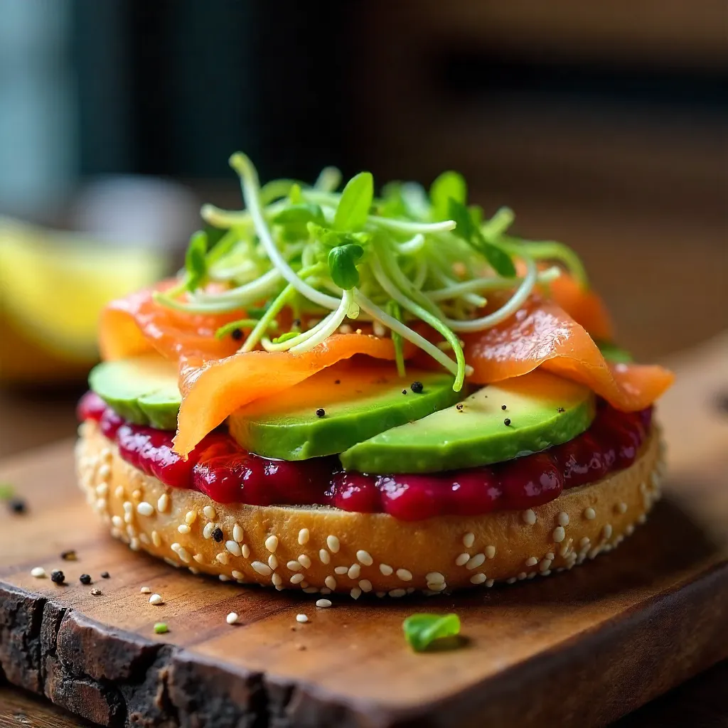 Colorful Brunch Bagel with Salmon and Beet Sauce