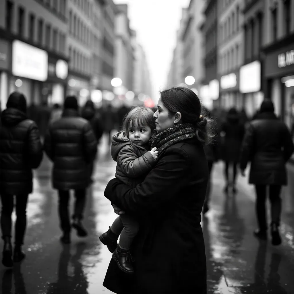 Mother and Child Amid a Crowded City Street