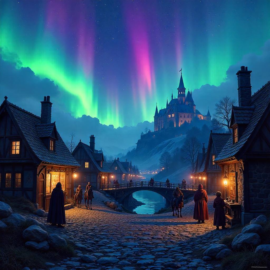 Aurora over a Medieval Village in Digital Art