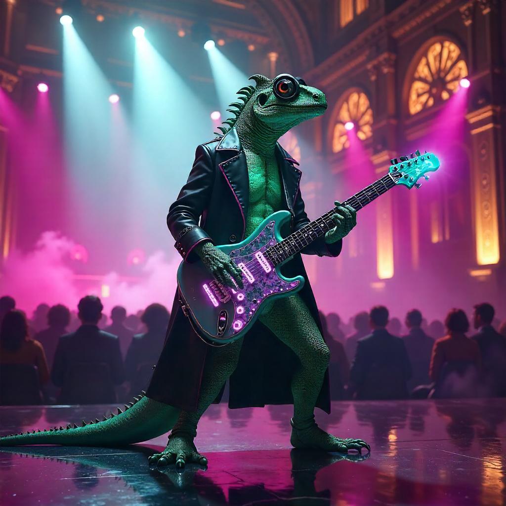 Lizard Cyberpunk on Neon Stage in a Concert Hall