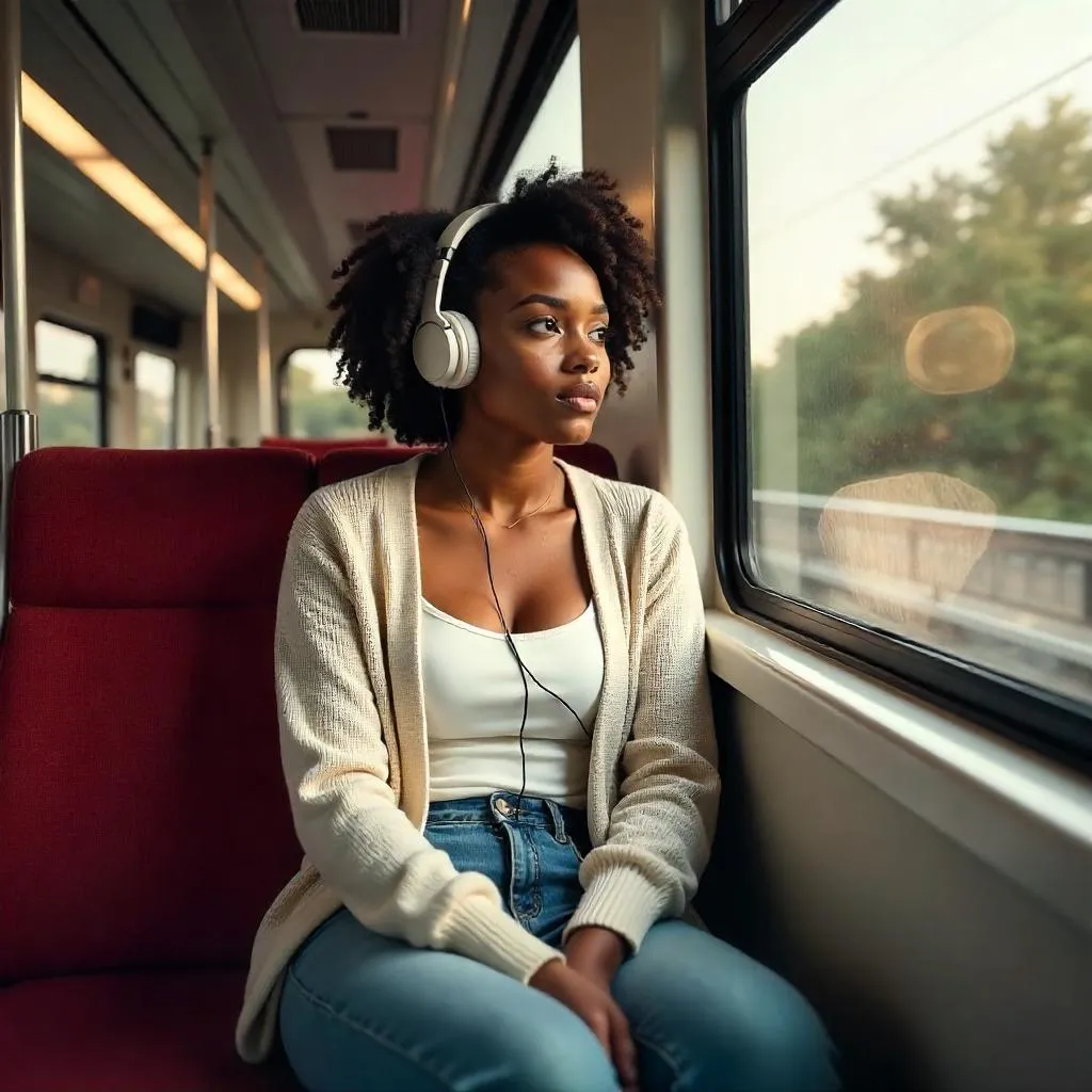 Photorealistic portrait of a young Black woman on a train