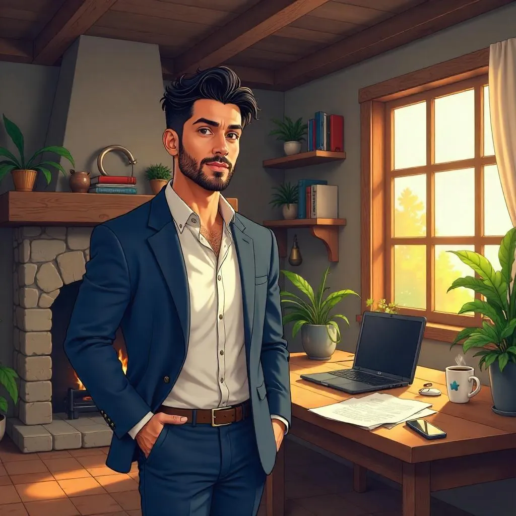Latino Professional in a Cozy Cottage – Anime Style