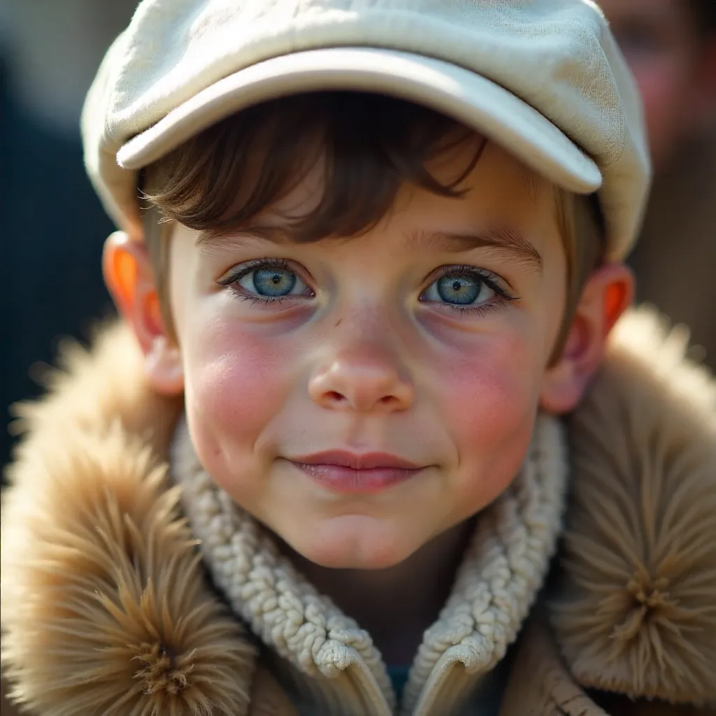 Close-Up Portrait: Boy in White Cap and Fur Coat