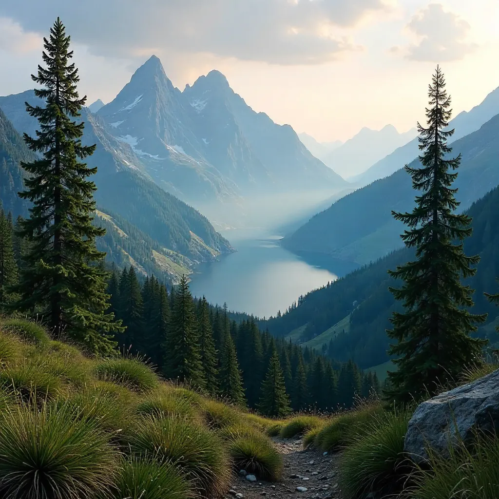 Dawn Over the Slovak Tatras: Pines and Mist