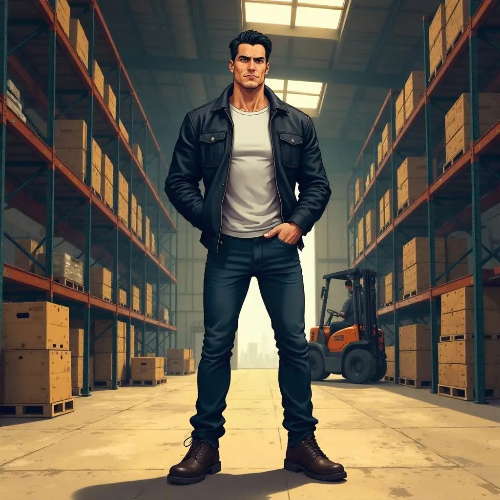 Confident Anime Hero in a Dim Warehouse