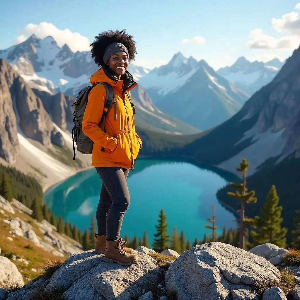 Cheerful Black Woman in Alpine Mountains