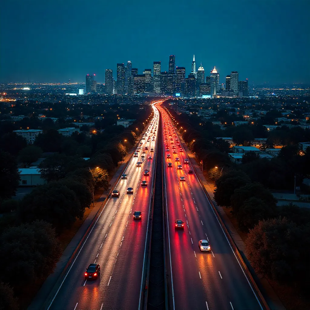 Aerial Night Rush Over Downtown LA Freeways