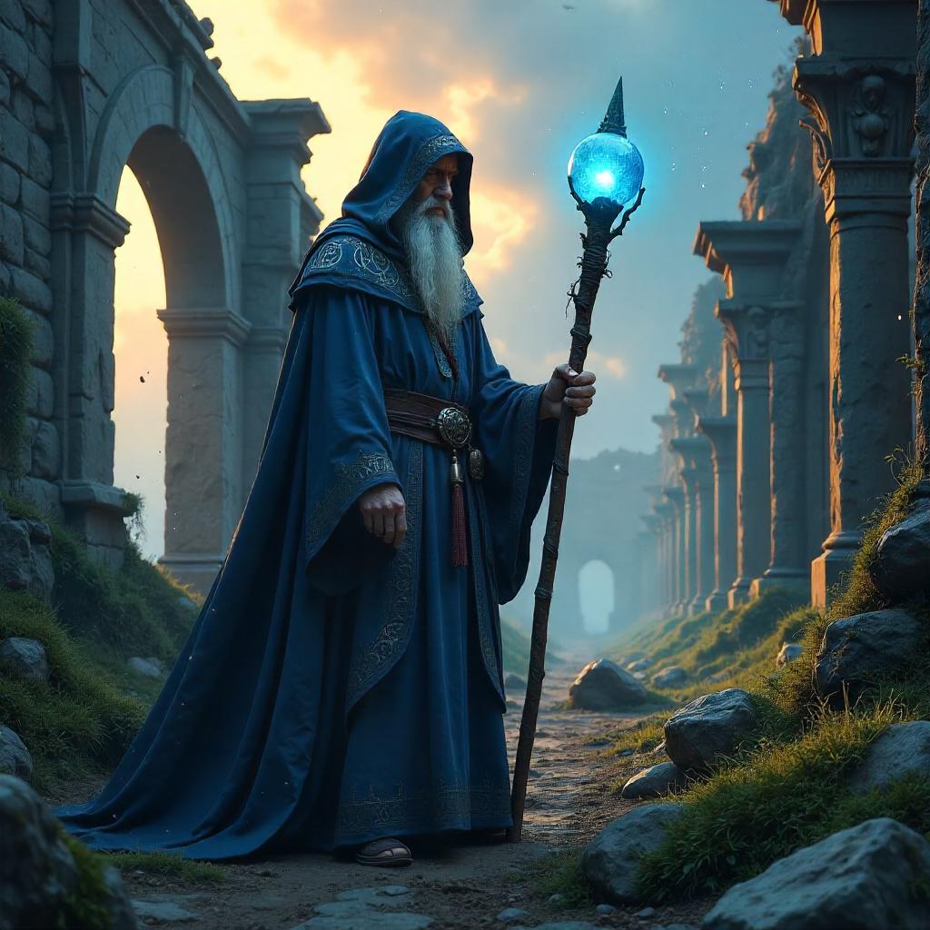 Photorealistic Wizard in Lost Ruins
