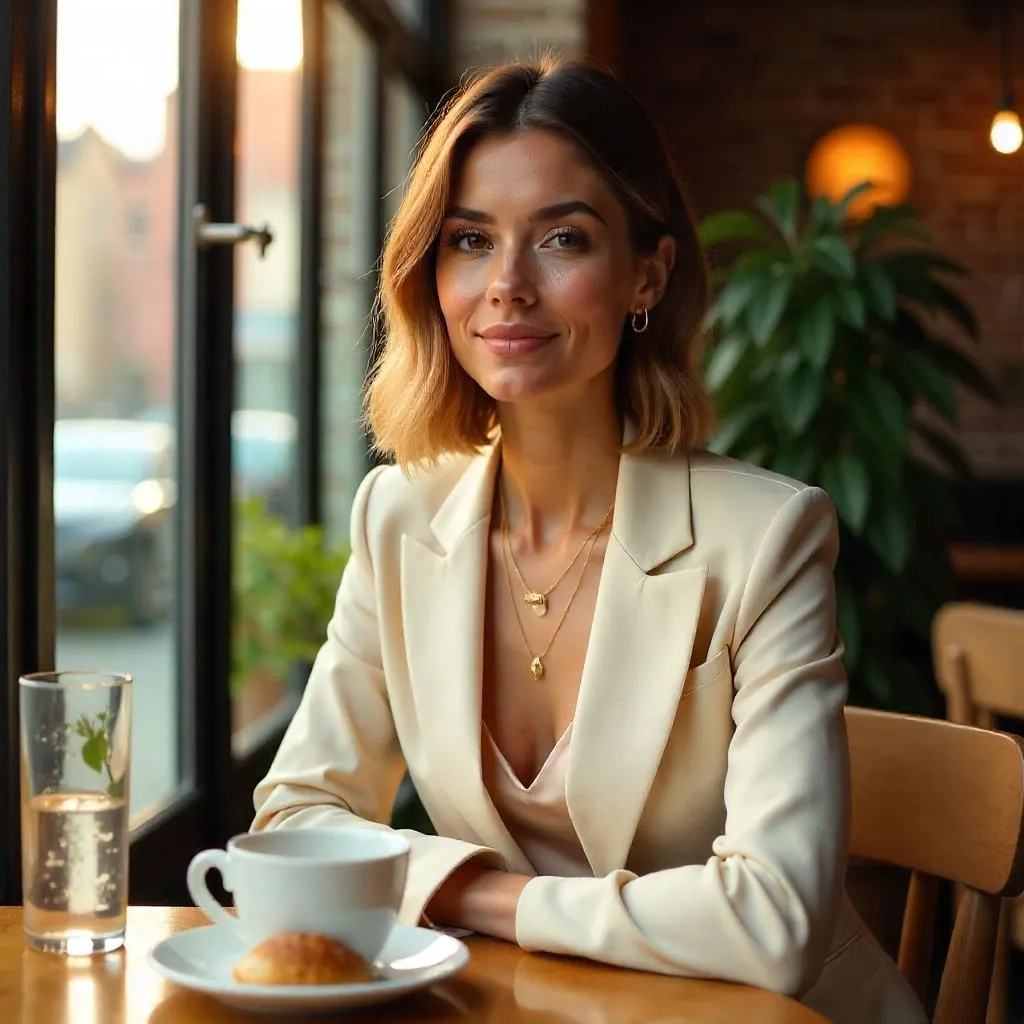 Stylish White Woman in a Photorealistic Cafe Scene