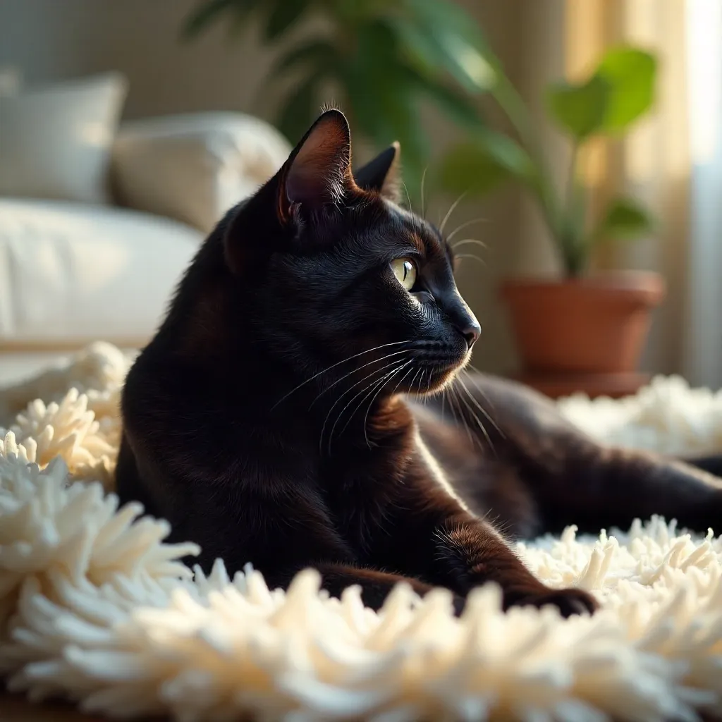 Close-up of a black cat lounging on a plush rug indoors