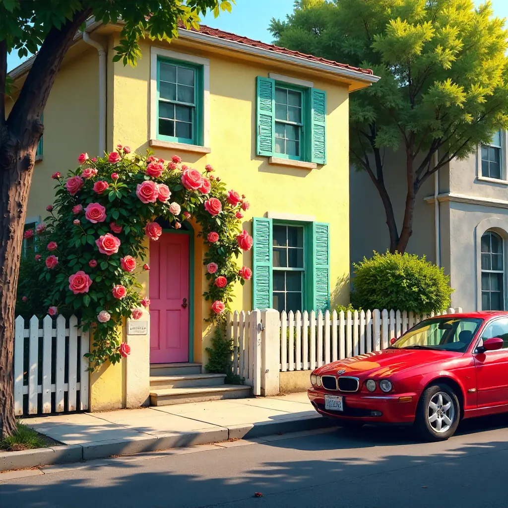 Serene Street Scene: Colorful House, Roses and Red Car