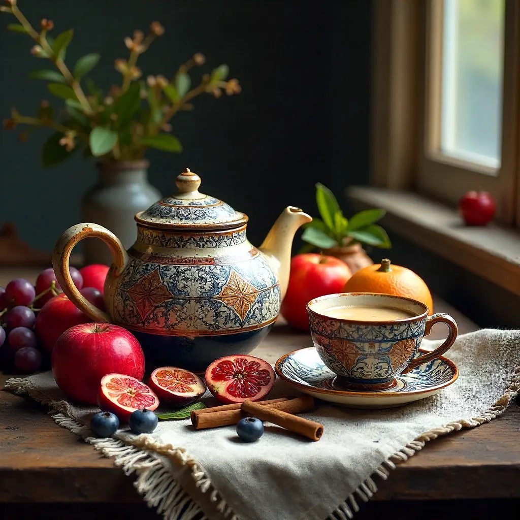 Rustic Still Life: Coffee, Fruits, Patterned Teapot