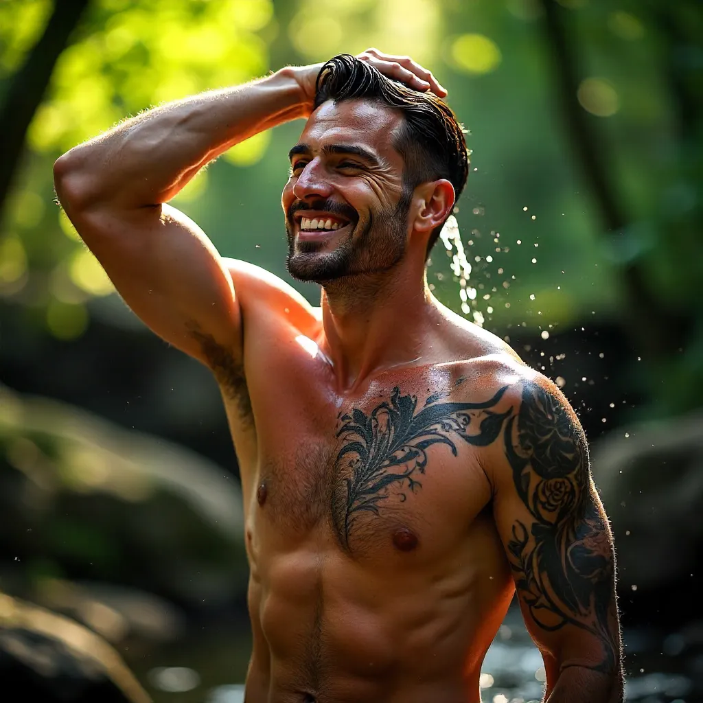 Joyful Tattooed Man Washing Hair Outdoors