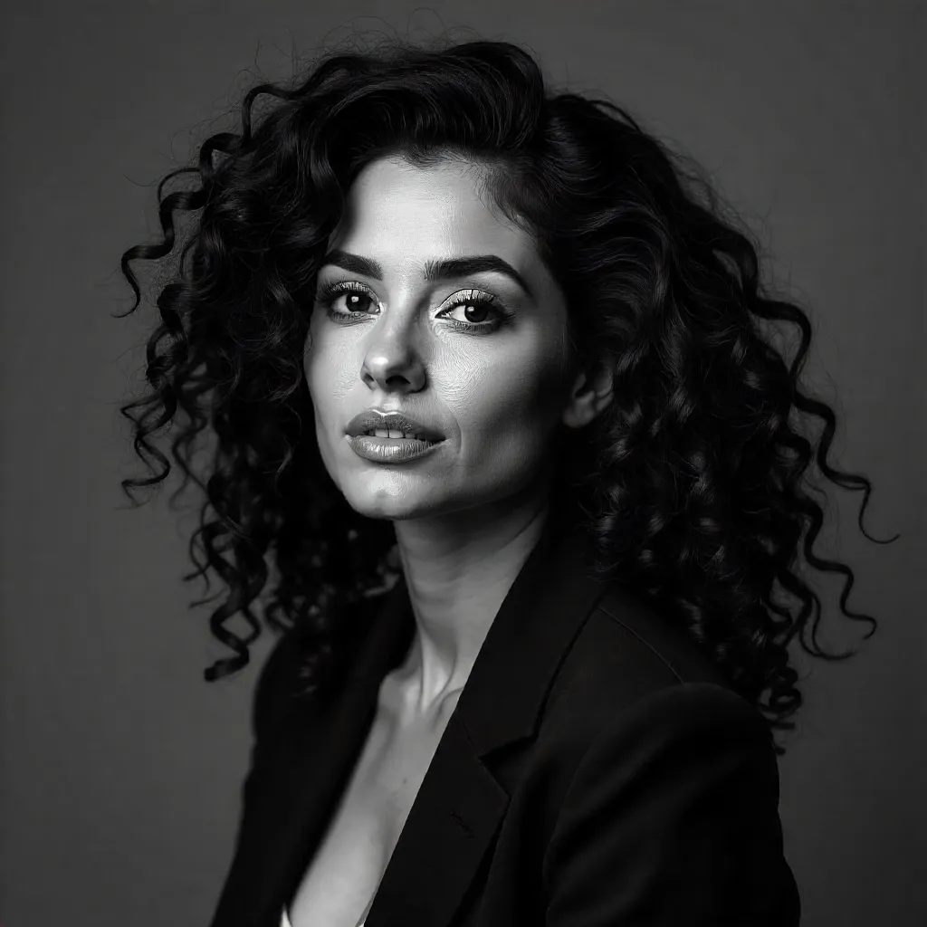 Confident Curly-Haired Black & White Portrait