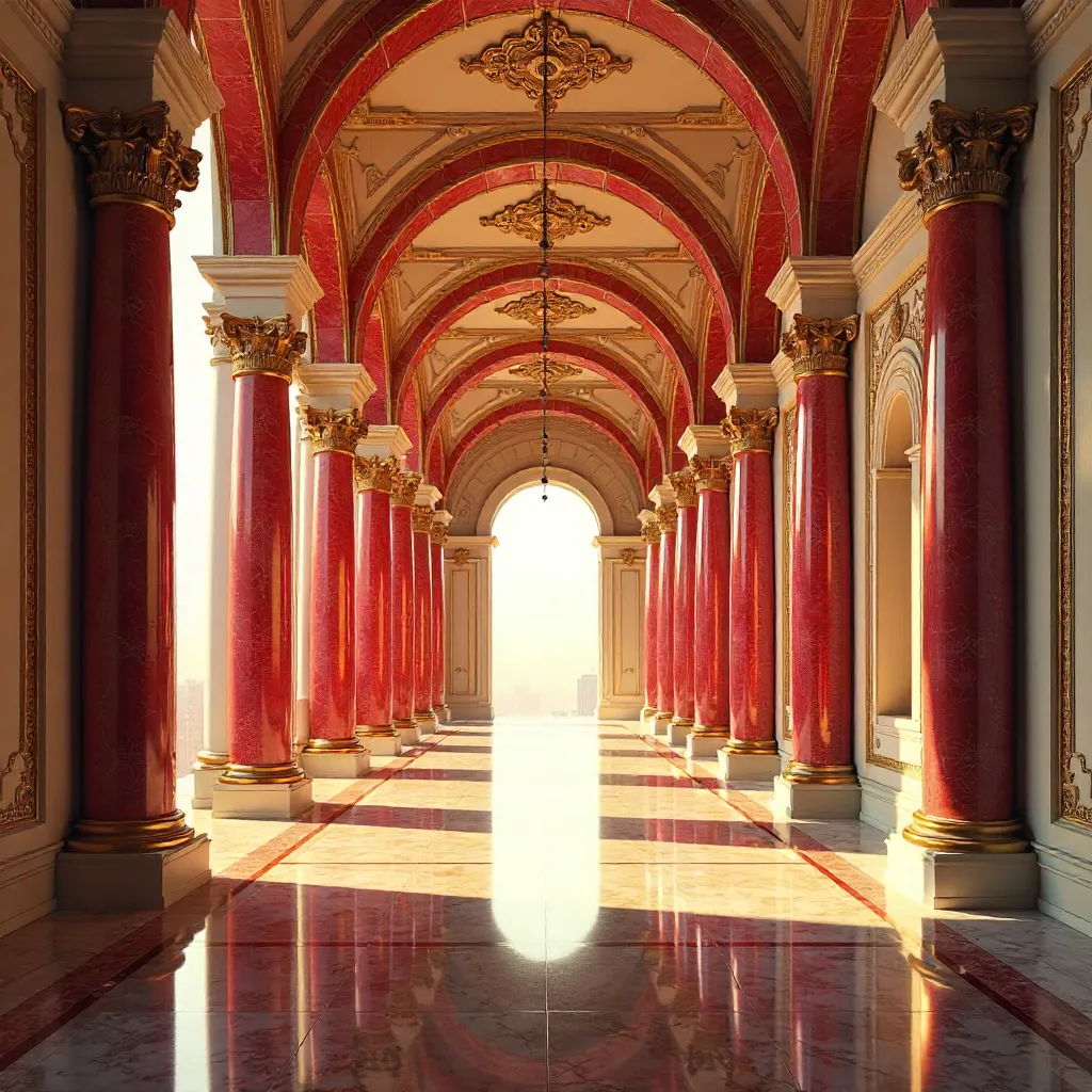 Timeless Red-Columned Arch Corridor