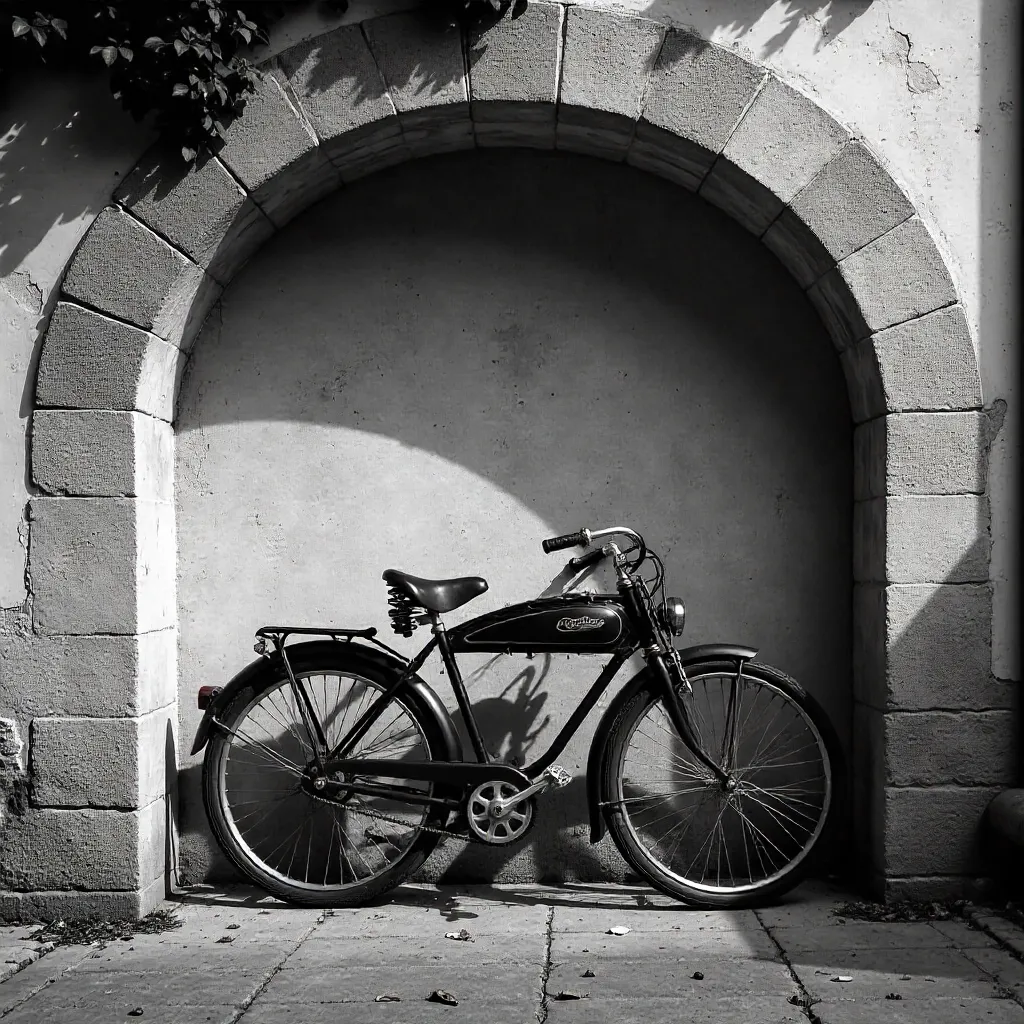 Vintage Bicycle by an Arched Rustic Wall (B&W)