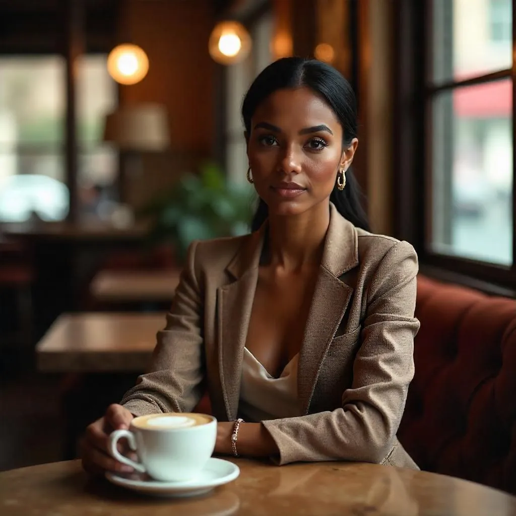 Elegant Black Woman in a Cozy Coffee Shop