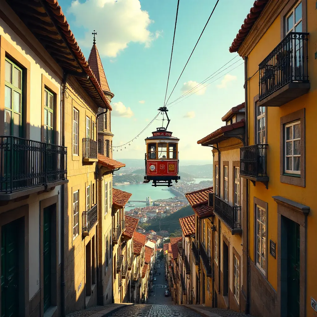 Cable Car Over Porto's Historic Rooftops at Golden Hour