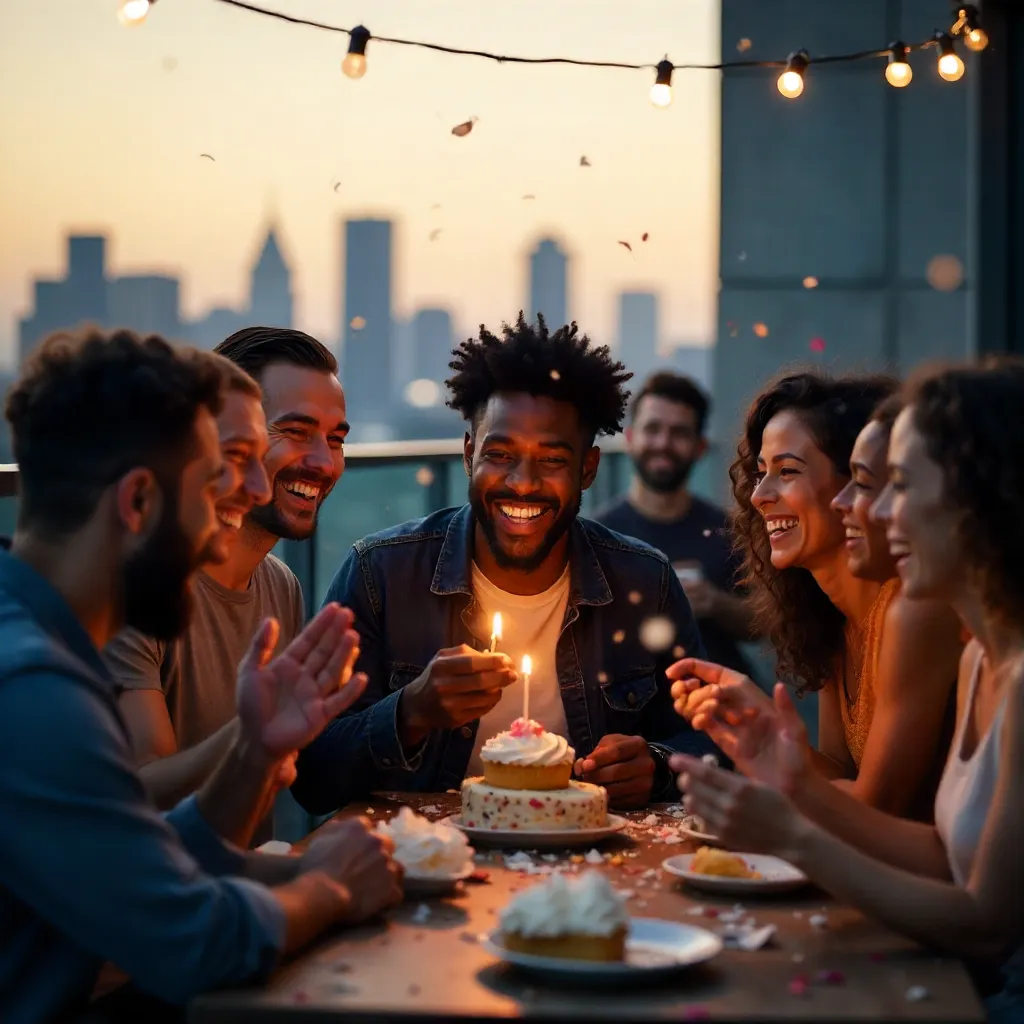 Rooftop Birthday Celebration with Diverse Friends Laughing