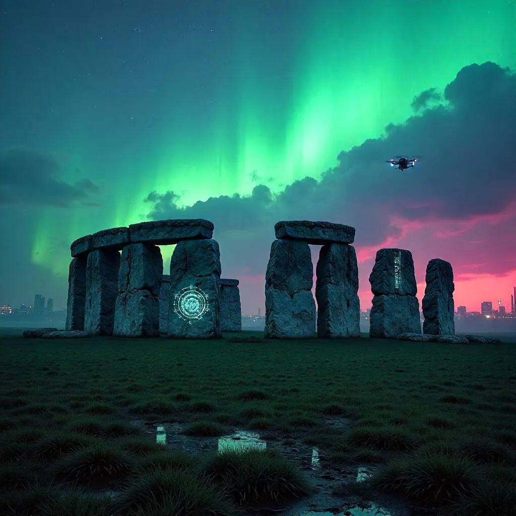 Aurora over Stonehenge: Neon Cyberpunk Dusk