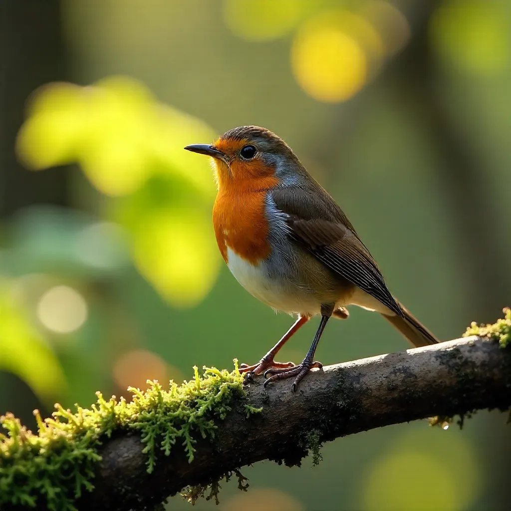 Close-Up European Robin on a Mossy Branch