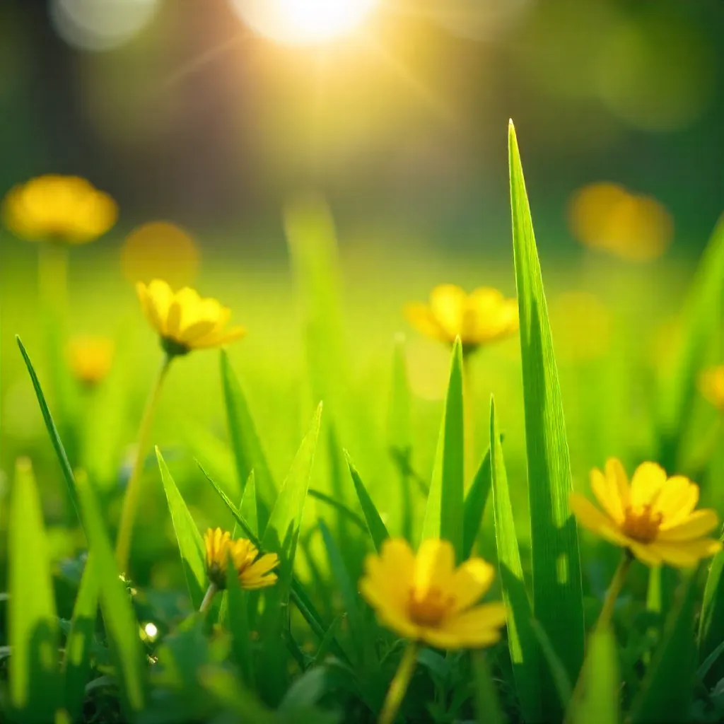 Macro close-up: Green grass with yellow wildflowers in a spring meadow