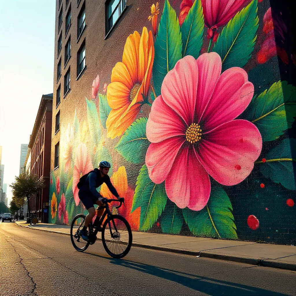 Rider Gliding Past a Floral Abstract Mural