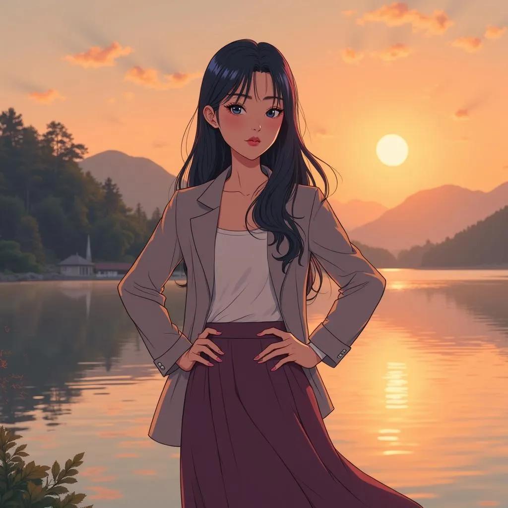 Confident Asian Woman by a Lake - Anime Style