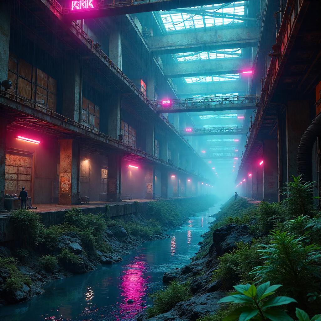Valley of Neon in a Cyberpunk Warehouse
