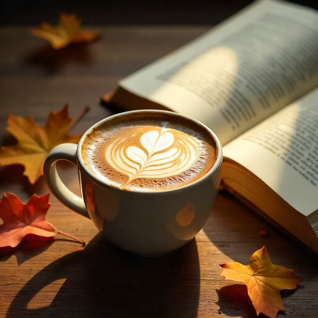 Autumn Latte Art by Open Book on Wood
